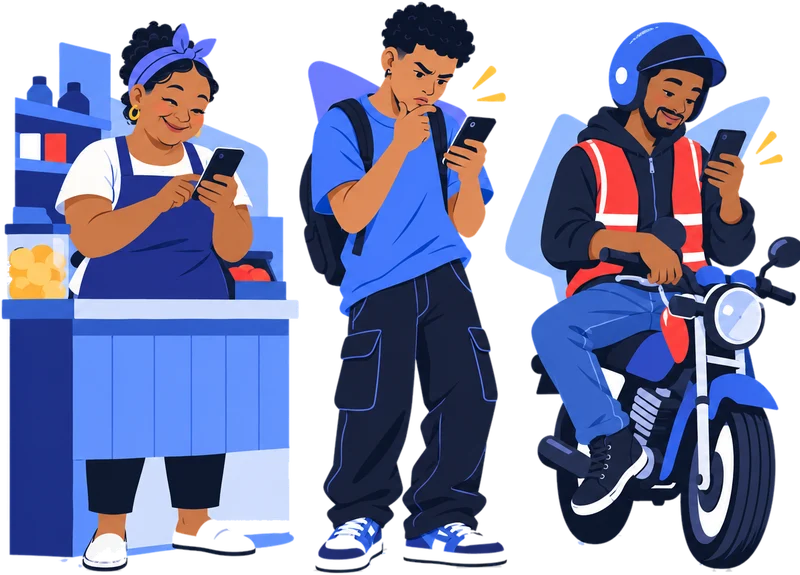La señora del colmado, un joven y un motoconchista revisan el grupo en su teléfono.
